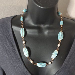 Pretty Light Blue And Copper Mixed Material Necklace 23.5 Inches long